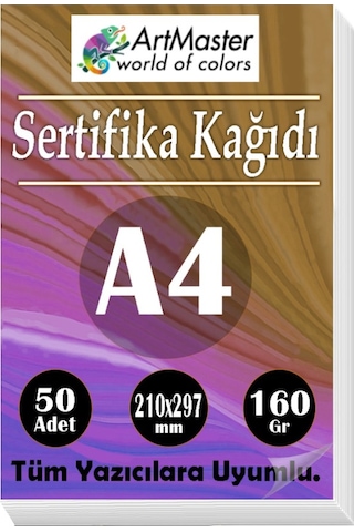 A4 Sertifika Kağıdı 50 Adet Gramajlı Fotokopi Kağıdı 160 Gr Tüm Yazıcılara Uyumlu 21x29.7 Cm Kalın Baskı Kağıdı Kalın