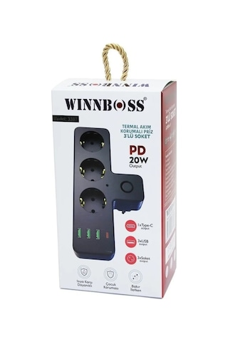 Wınboss Akım Korumalı 3 X Usb 1 X Type-c Girişli 3'lü Priz Uzatma Kablosu Kablosuz