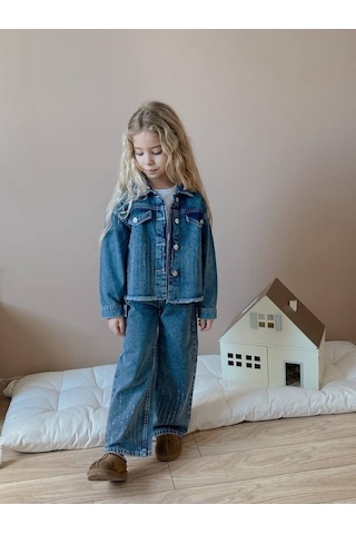 Miniko Kids Kız Çocuk Kot Ceketli Kot Pantolonlu Taşlı Takım Mavi