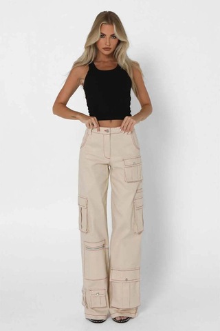 By Dyln Tyler Low Waisted Cargo Pants - Rahat Fit, Çeşitli Cepler Ve Kontrast Dikiş Doğal