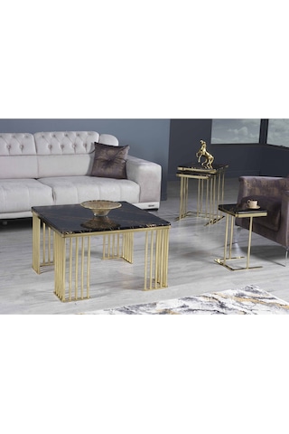 Premium Lüx Yaşam Alanı Kare Orta Sehba 80 80 48 Siyah Altın İşleme Gold Ayak