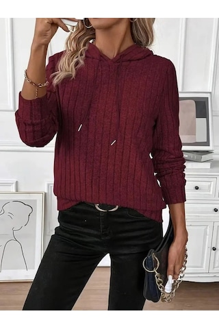 Sensuelle Kadın Uzun Kollu Kapşonlu Bağcıklı Şardonlu Kaşkorse Bluz Bordo