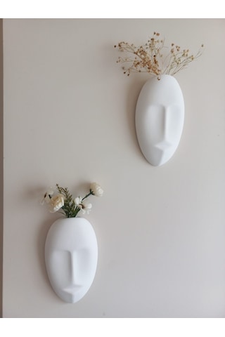 Dekoratif 2'li Yüz Duvar Vazosu, Duvar Süsü ,heykel Aksesuar Beyaz