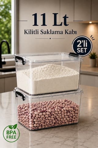 2'li Set 11 Lt Kilitli Un Bakliyat Erzak Saklama Kabı Çok Amaçlı Düzenleyici Oyuncak Deterjan Kutusu