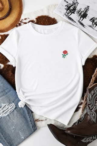 Spoyi Forever Rose Tasarımlı %100 Pamuk Yarım Oversize Beyaz T-shirt