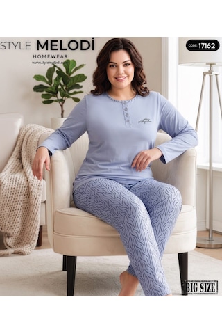 Melodi 17162 Uzun Kol %100 Pamuk Battal Büyük Beden Kadın Pijama Takımı Mavi