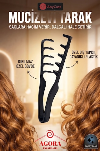 Anycast Unisex Geniş Dişli Hacim Veren Şekillendirici Mucize Saç Tarağı - French Crop Doku Ve Dalga Etkili Siyah
