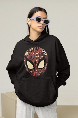 Sevbano Tasarım Spider-man Maske Baskılı Unisex Oversize Marvel Hoodie Siyah