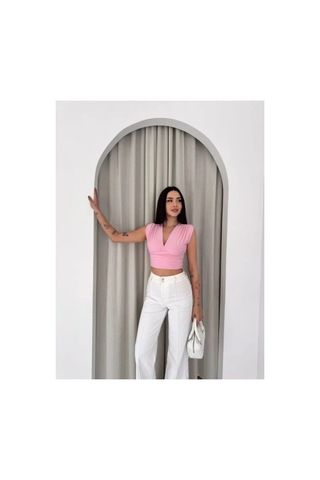 Butik İstanbul Vatkalı Kolsuz V Yaka Drapeli Crop Bluz Likralı Fit - Pembe