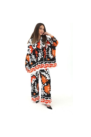 Yanı Yırtmaçlı Lale Desen Jessica Kumaş Takım - Siyah-siyah Siyah