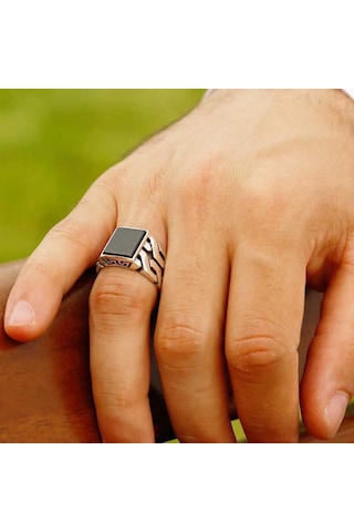 Gümüş Siyah Taşlı Erkek Yüzük (510786416)