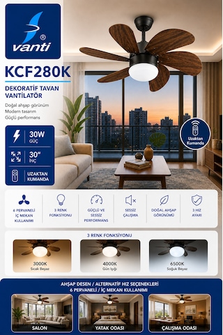 Vanti Kcf280k 6 Kanatlı Ahşap Desenli Uzaktan Kumandalı Avizeli Dekoratif Tavan Vantilatörü