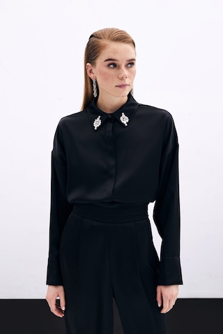 Sateen Aksesuar Detaylı Gömlek - Siyah-135822 Siyah