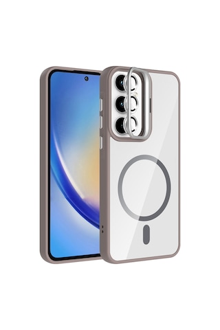 Zore Galaxy Uyumlu A35 Kılıf Standlı Ve Kamera Lens Hediyeli M-safe Şarj Özellikli Ogaa Etro Kapak - Gri