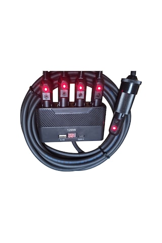 Araç Çakmak Uzatma Kablosu Çakmaklık Çoklayıcı Lcd Ekranlı Usb, Type-c Çıkışlı 12 Volt 10 Amper 120 Wat 2 X1,5mm Ttr Bakır 5 Mt-siyah-yt-ot733