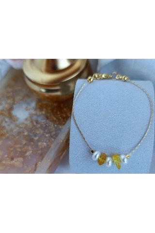 Altın Kaplama Gerçek Kehribar Mini Gold Detaylı Tasarım Bileklik Gold