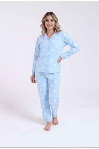 Kadın Açık Mavi Kalp Desenli Düğmeli Uzun Kollu Pamuk Pijama Takımı Mavi