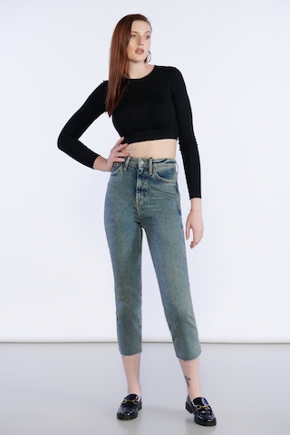 Kirli Mavi Yüksek Bel Paça Püskül Detaylı Mom Jeans-kirli Mavi