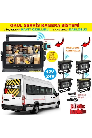 Okul Servis Kamera Sistemi 7 Inç Kayıt Yapabilen Ekran + 4 Adet Kablosuz Kamera Hepsi Bir Arada