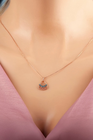925 Ayar Gümüş Rose Renk Firuze Taşlı Bayan Çanta Kolye