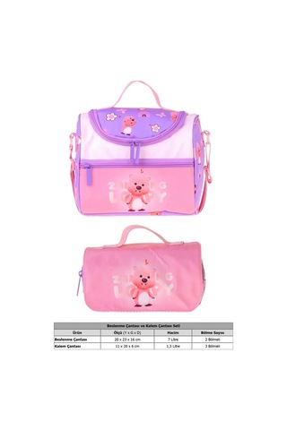 Kaukko Kids Kız Çocuk Loopy Baskılı Lila - Pembe Thermo Beslenme Çantası Ve Kalemlik Seti - Setkk-l5304