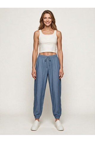 Nealirsanall.com Kadın Mavi Tencel Jogger Pantolon - Beli Bağcıklı Denim Görünümlü Pantolon