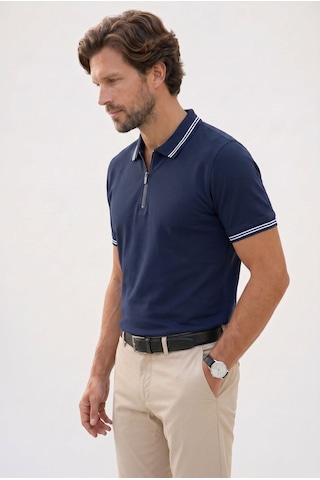 Tudors Erkek Slim Fit Dar Kesim %100 Pamuk Kısa Kollu Fermuarlı Lacivert Polo Yaka Tişört-51567
