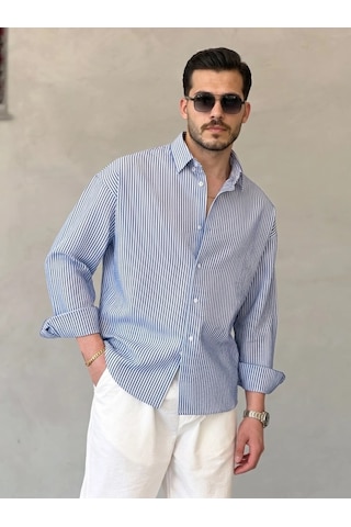 Valensdesign Erkek İnce Çizgili Gofre Kumaş Rahat Kalıp Gömlek Lacivert