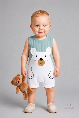 Babyden's Erkek Bebek Yazlık Ayıcık Baskılı Fitilli Tulum %100 Pamuk Kolsuz Şort Tulum Yenidoğan Bebek Romper 0-9 Ay Haki