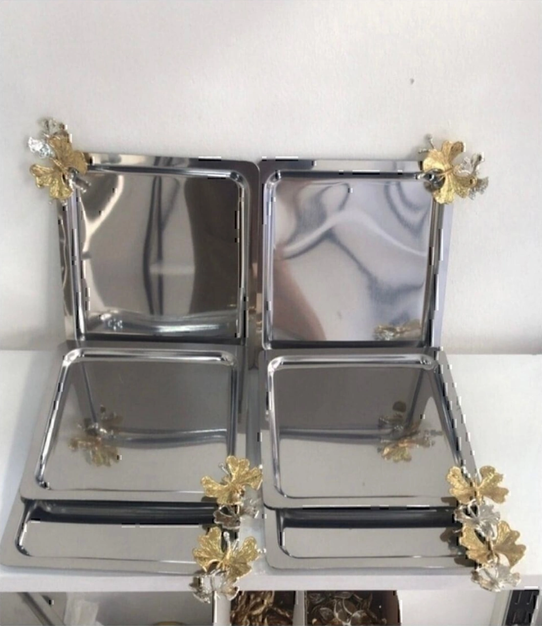 Jasper Paslanmaz Çelik Kare Model Kahve Tepsisi Kelebek Aksesuarlı Lüx Sunum Inox