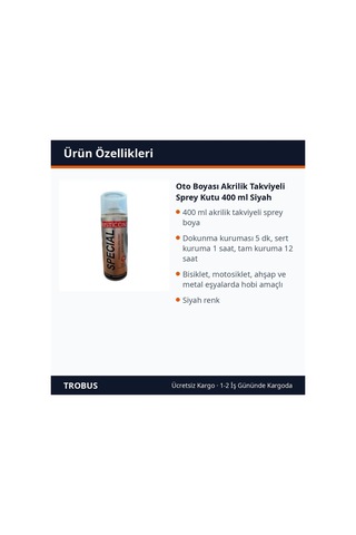 Trobus Oto Boyası Akrilik Takviyeli Sprey Kutu 400 Ml Siyah