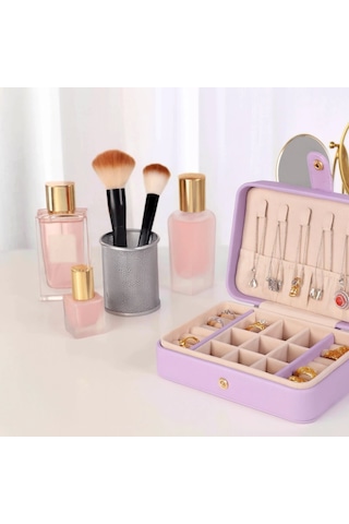 Deri Baklava Desenli Seyahat Takı Bijuteri Mücevher Kutusu Organizer Düzenleyici 16cm Lila İthal Ürü