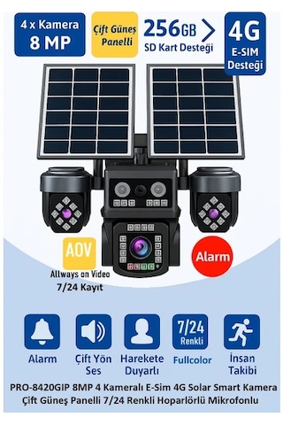 Balandı Pro-8420gıp 8mp 4 Kameralı E-sim 4g Solar Smart Kamera Çift Güneş Panelli Hieasy Yazılım
