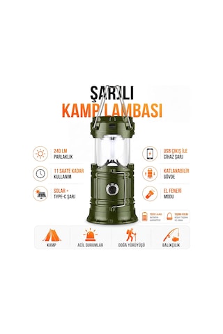 Lexroo 3 Fonksiyonlu Şarjlı Solarlı Kamp Lambası El Feneri Powerbank Özellikli Taşıma Kulplu Haki