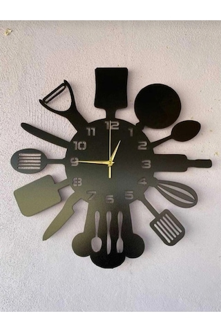 Ümra Lazer Siyah Hediyelik Ahşap Dekoratif Mutfak Desenli Sessiz Duvar Saati 40 Cm Siyah