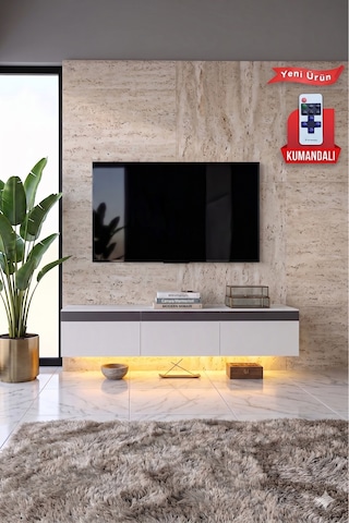 Pureline Tech Led Işıklı Tv Ünitesi 180 Cm - Modern Tv Sehpası - Beyaz Antrasit