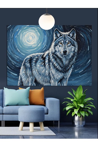 Beyaz Kurt Gece Dolunayda Dekoratif Kanvas - Mdf Ahşap Tablo