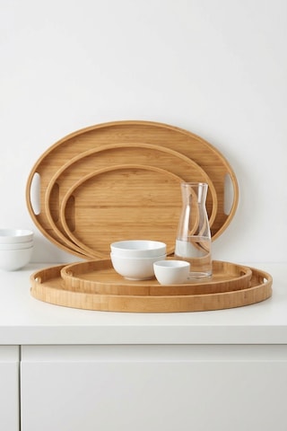 Makri Home Bambu Oval 3'lü Tepsi Seti. Küçük Tepsi: 20x29 Cm. Orta Tepsi: 26x36 Cm. Büyük Tepsi: 31x45 Cm Ahşap