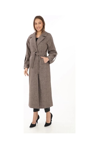 Kadın Uzun Kaşe Kaban Yünlü Dokuma Kaşmir Kumaş, Kruvaze Yaka, Kuşaklı Astarlı Tesettür Uyumlu Şık Vizon