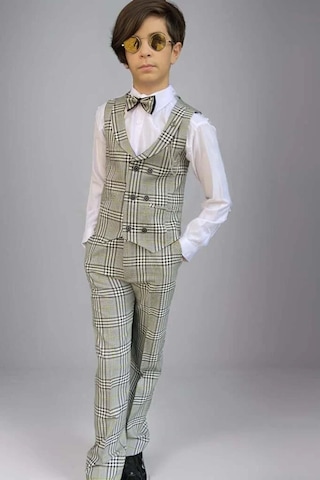 Riccotarz Erkek Çocuk Kare Desen Ve Şal Yaka Yelekli Yeşil Takım Elbise Yeşil