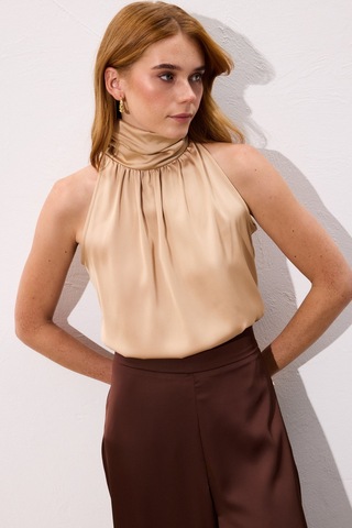 Sateen Boğazlı Kolsuz Bluz - Camel-136544 CAMEL