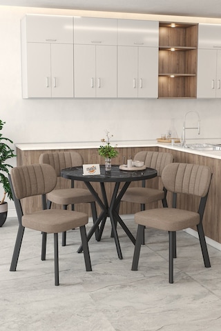 Gnr 90cm Sabit Siyah Mutfak Masası Takımı, Yemek Masası, 4 Modern Cappucino Sandalye Cappuccino