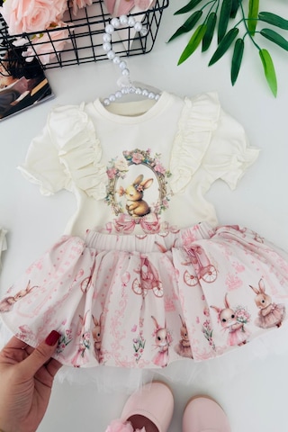 Miniğimin Cicileri Vintage Tavşan Detaylı Firfırlı Kız Bebek ... Ekru
