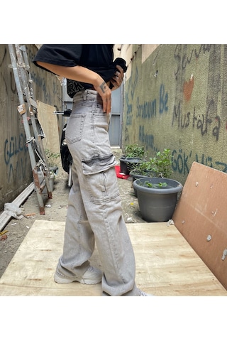 Kadın Gri Kargo Cepli Palazzo Jeans Gri