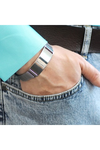 Kişiye Özel İsim Yazılı Magnet Kapamalı Silver Renk Çelik Erkek Hasır Bileklik