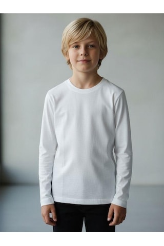 Zekids Erkek Çocuk Pamuklu Uzun Kol Basic T-shirt-16713 KREM