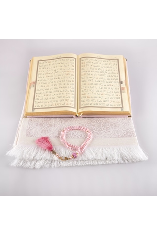 Kuran + Seccade + Tesbih Hediye Seti Orta Boy, Kadife, Desenli Kutu, Pudra Pembe