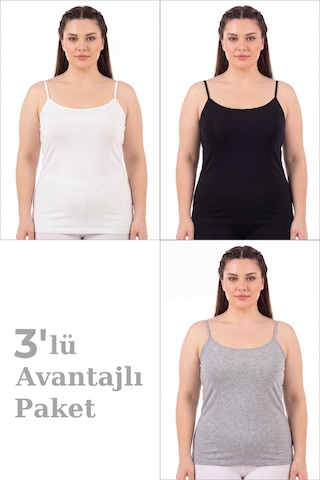 Arma Yıldız Kadın Büyük Beden İp Askılı Atlet Pamuklu Likralı Yumuşak Esnek Kumaş 3'lü Paket Beyaz Siyah Gri