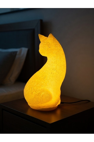 Dekoratif Kedi Figürlü Gece Lambası 3d Yazıcı Baskı Hediyelik Masa Lambası Aydınlatma 23cm Sarı