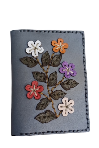 Durush Collection Tasarım Gerçek Deri Gri Çiçekli El İşlemeli Kartlık